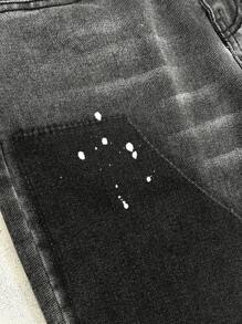 SHEIN 青少年男童时尚休闲黑色宽松舒适直筒牛仔裤，融合街头风和波点元素，适合青少年男童日常穿着，柔软舒适，也适合青少年男童春夏穿着。 - 黑色 - 查看 5