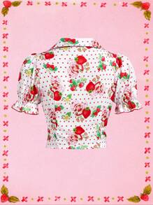 Strawberry Shortcake X SHEIN 女士夏季白色可爱甜美波尔卡圆点和草莓印花前结蝴蝶结短款衬衫度假 Y2K 狂欢音乐会女士春季茶会衬衫