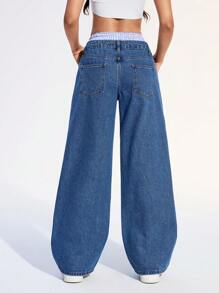 SHEIN EZwear Quần Jeans Ống Rộng Cạp Vá Cho Nữ, Quần Jeans Thẳng Rộng Lưng Thấp Màu Xanh, Quần Jeans Rộng Lưng Giữa, Quần Mùa Hè Cho Nữ, Thập Niên 90, Quần Áo Thường Ngày Y2K - Rửa trung bình - Xem 2