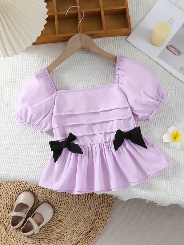 Wildeya Tween Girls' Casual Puff Sleeve Bow Decor Shirt
