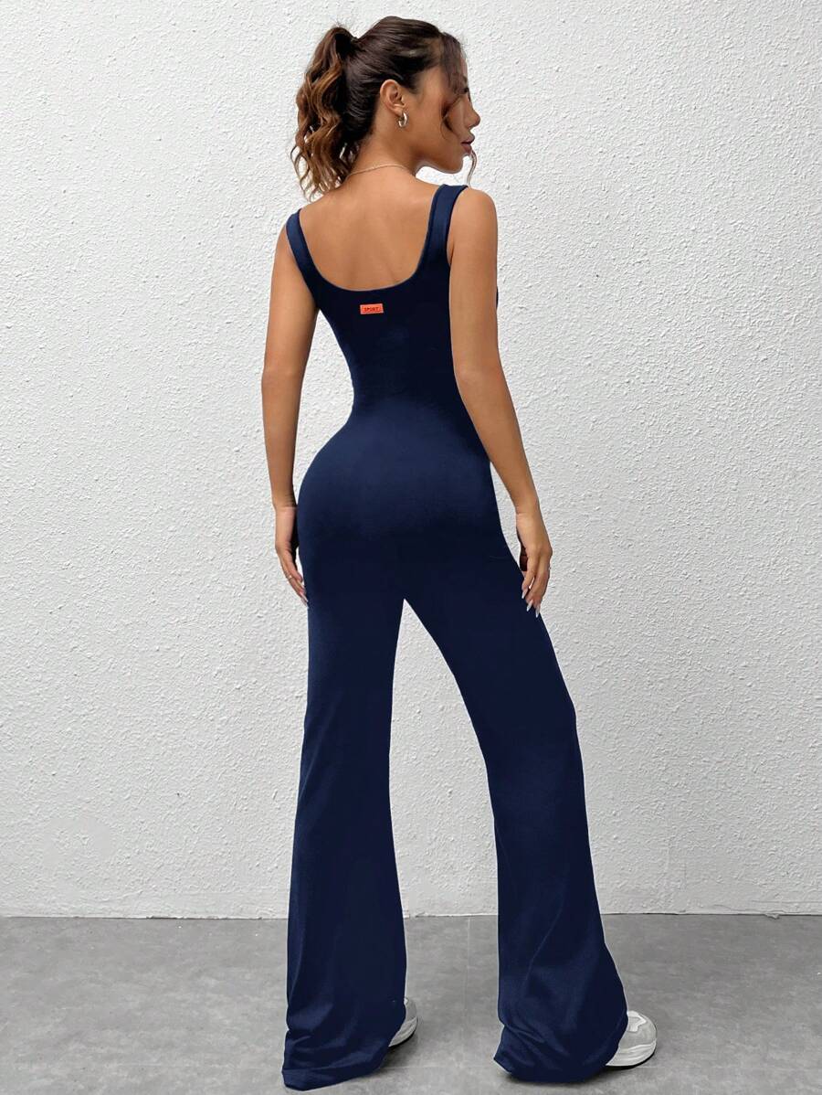 SHEIN EZwear 夏季黑色纯色针织喇叭腿背心连体裤 - 藏蓝色 - 查看 1