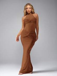 MISSGUIDED Halter Neck Twisted Front Bodycon Maxi Dress Evening Gown Floor Length Form Fitting Party Formal Ruched Sleeveless Special Occasion - Brown - View 1