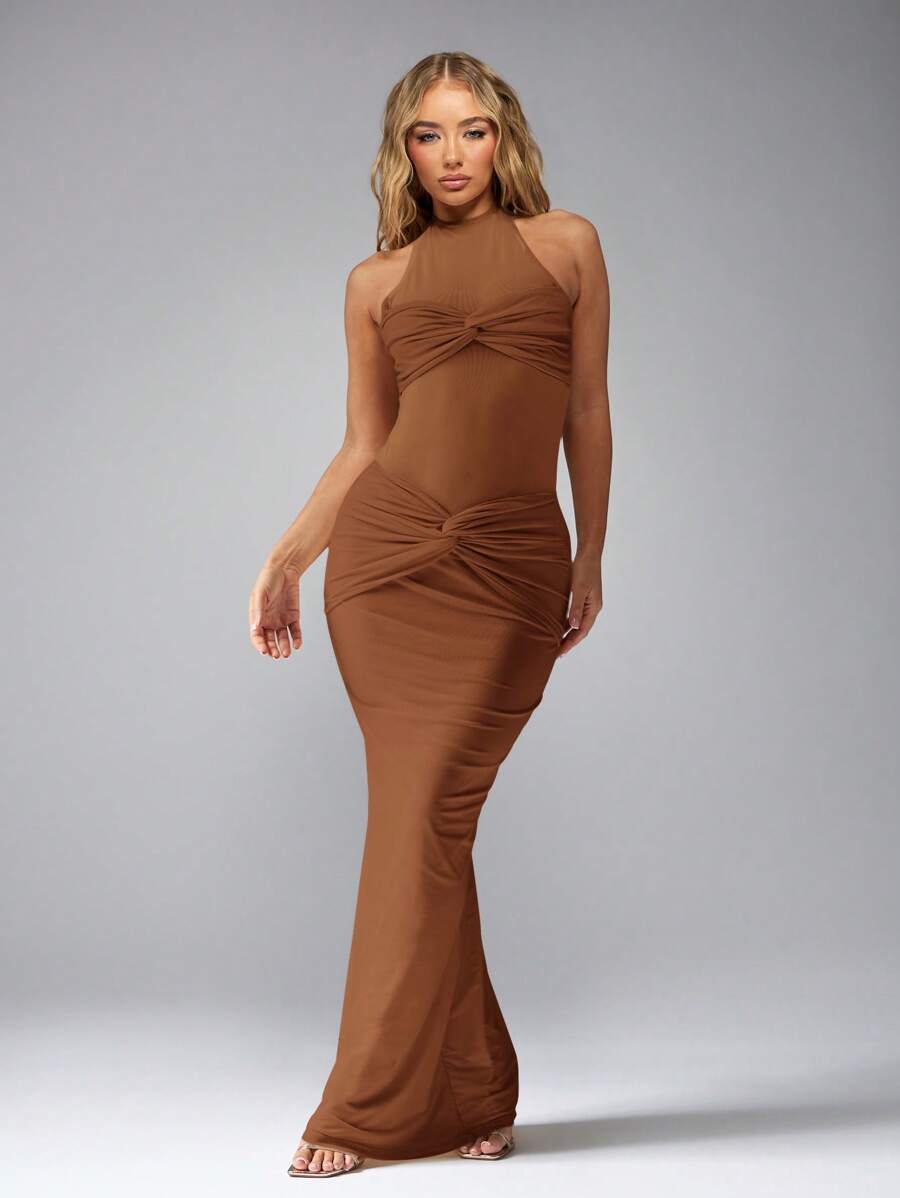 MISSGUIDED Halter Neck Twisted Front Bodycon Maxi Dress Evening Gown Floor Length Form Fitting Party Formal Ruched Sleeveless Special Occasion - Brown - View 1