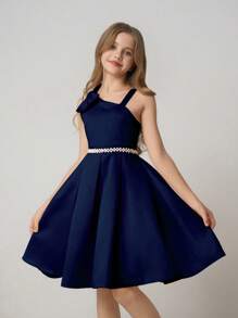 Tween Girl Sleeveless Bowknot Waist A-Line Elegant Minimalist Wedding Party Dress With Belt