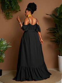 Maweii Vestido elegante con volantes de unicolor y hombros descubiertos para mujer de talla grande, adecuado para vacaciones - Negro - Ver 2