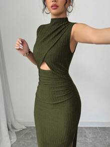 Rafferiza Váy vải họa tiết không tay cổ cao khoét eo màu đen cho nữ - Màu xanh Ô liu - Xem 4