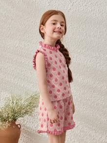 Blossori Young Girls Spring/Summer French Elegant Geometric Floral Pattern Knit Top And Shorts Set - Multicolor - View 6