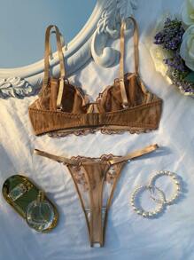 Crystal Vow 2pcs Women Retro Blue Sexy Lingerie Set - Champagne - View 2