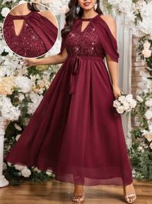 SHEIN Unity 大码优雅派对和婚礼季节船领亮片拼接雪纺高腰 A 字连衣裙