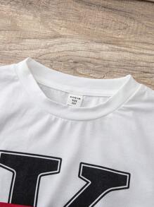 SHEIN 6 件套青少年男孩休闲宽松字母图案印花圆领 T 恤和短裤套装，2 件装适合通勤、上学、日常休闲装、运动、春夏 - 彩色 - 查看 4