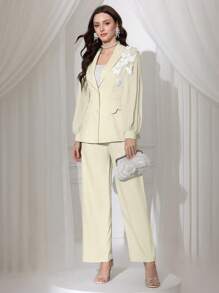 Modelyn 2 Pieces Set Women Spring/Summer Chiffon Pleated Bowknot Blazer Jacket & Long Pants - Apricot - View 7
