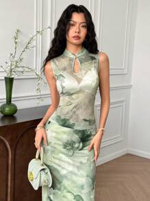 EastFlair Conjunto de 2 piezas de top transparente de mujer con estampado floral elegante y falda, para verano