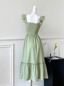 Comfortcana 女士度假休闲荷叶边下摆连衣裙，鼠尾草绿色连衣裙，波西米亚风女装 - 綠色 - 查看 2