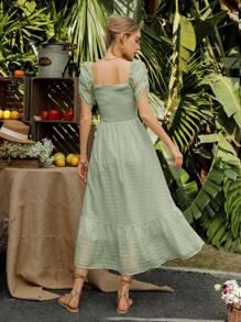 Revavyn Váy suông cổ vuông tay bồng dáng xòe cho nữ có chi tiết xếp ly trang phục đi nghỉ phong cách Boho bãi biển thời trang cho mùa hè - màu xanh lá - Xem 2
