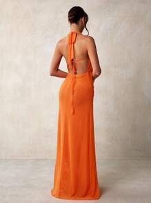 Glamine 全新焦橙色网眼女式颈挂绳露背高腰开叉大腿性感四季连衣裙，女士舞会礼服，女士度假礼服，女士优雅舞会礼服，女士度假礼服，女士夏季服装，女士夏季连衣裙，女士度假服装，毕业礼服，女士婚礼宾客礼服 - 橘色 - 查看 4
