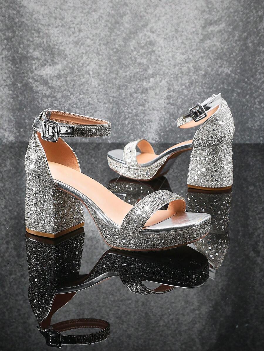 SHUZIA RedCarpetReady Women's Crystal-Encrusted Silver Platform Heels -Multi-Cut Rhinestone Straps & Adjustable Ankle Lock | Stabilized Block Heel For Wedding Galas To Black Tie Events For Christmas Valentine's Day - Silver - View 1