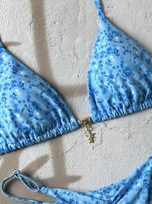 Swim Vcay 女士夏季沙滩装两件套，随机花卉印花细肩带金属装饰比基尼和丁字裤 - 藍色 - 查看 5