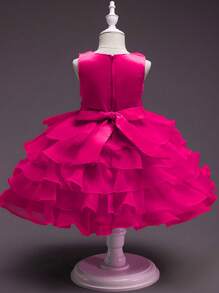 SHEIN Young Girl Bowknot Strap Dress, Rose Flower Princess Wedding Dress, Bridesmaid Dress - Hot Pink - View 2