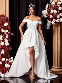 Glamrae Elegant And Gorgeous White Luxurious Satin Off The Shoulder Gathered Short Front And Long Back Design Tail Dress Suitable For Wedding Festival Bridal Dress Formal Occasion Wedding Dress, Bride - White - View 5