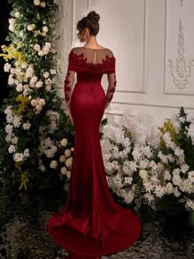 Glamrae Elegante y lujoso vestido de satén elástico de manga larga con aplicaciones de encaje bordado, diseño de cola de sirena, adecuado para bodas, fiestas, vacaciones, bailes de graduación y ocasiones formales (diseño de lujo), vestido de invitada de boda, vestido de noche, vestido de gala