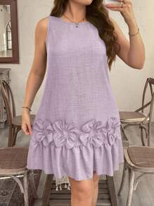 SHEIN LUNE 大码 3D 花卉无袖荷叶边下摆直筒连衣裙 - 淡紫色 - 查看 4