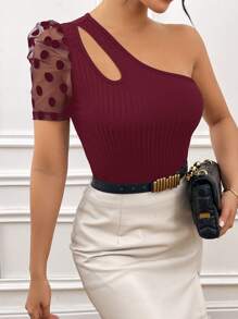 SHEIN Privé 女士撞色单肩网眼泡泡袖镂空 T 恤 - 酒紅色 - 查看 6