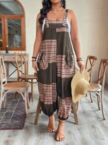 Linhara 大码格子印花口袋无袖连体裤，夏季休闲 - 軍綠色 - 查看 6