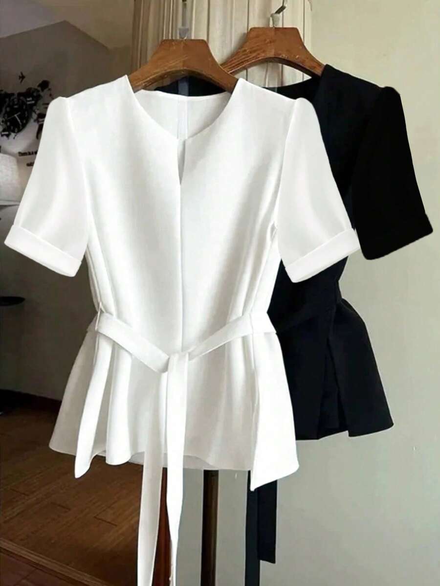 SHEIN Clasi 女士纯色圆领短袖腰系带休闲衬衫 - 白色 - 查看 1