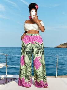 Maweii Plus Size Women Palm Tree Print Wide Leg Pants For Holiday - Hot Pink - View 2