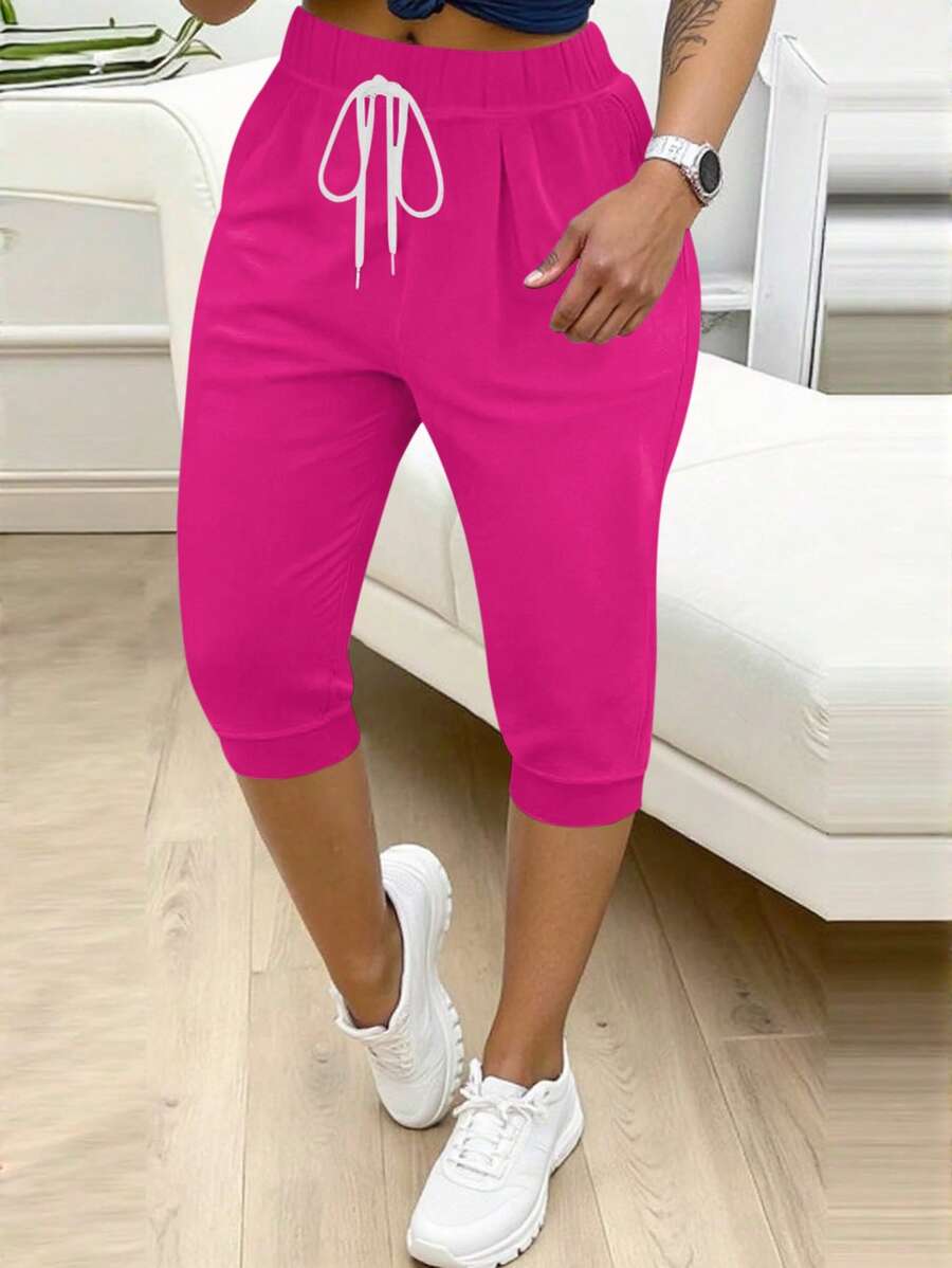 大码女式系带腰褶皱七分休闲裤 - 玫紅色 - 查看 1