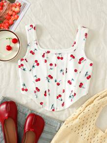 SHEIN Leap Crew Tween Girls Casual Cherry Print Square Neck Tank Top - White - View 4