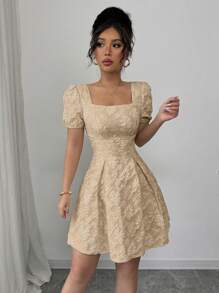 Airlisse Abito elegante da donna con scollo quadrato, maniche a palloncino e stampa jacquard