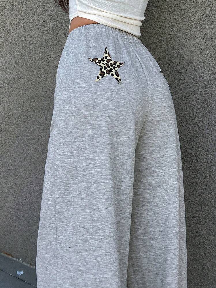 Women Drawstring Tie Leopard & Star Print Straight Casual Pants