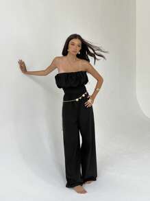 Aloruh New Stylish Ruched Bust Decor Jumpsuit With Palazzo Pants - Black - View 6