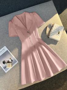 Franclia Women's Casual Solid Color Lapel Flared Hem Dress - Pink - View 3