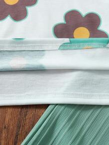 SHEIN Vintaside Kids 女童度假休闲碎花宽松T恤+纹理阔腿裤套装 - 白色 - 查看 8