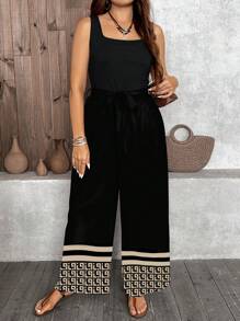 SHEIN LUNE Classic Geometric & Leopard Print Loose Casual Plus Size Jumpsuit, Suitable For Autumn/Winter - Black - View 6