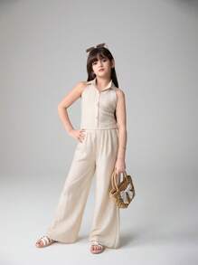 Tween Girl Solid Color Single Breasted Sleeveless Top And Wide Leg Pants 2 Pieces Set - Apricot - View 6