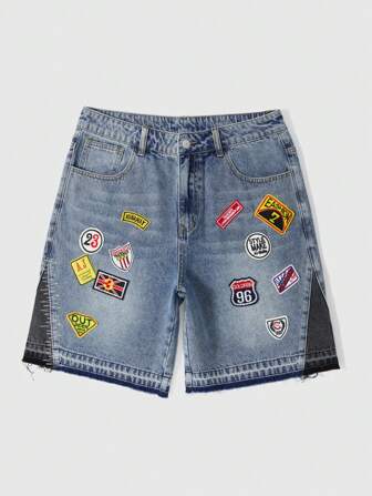 Pantaloncini di jeans casual larghi da uomo con tasche e ricamo di lettere, taglie comode
