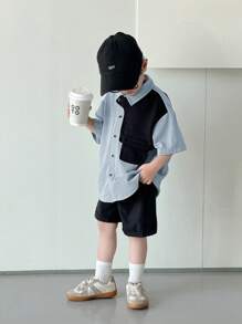 SHEIN Set de 2 piezas estilo casual escolar para niño pequeño, compuesto por camisa de manga corta suave y cómoda, y pantalones cortos sueltos versátiles, adecuado para primavera/verano, uso diario, deportes, al aire libre, campus, fiesta, festival, fotografía - Neblina azul - Ver 6