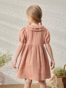 SHEIN Leap Crew Young Girls' Elegant French Style Pink Ruffle Collar Front Open Dress, Spring/Summer - Brown - View 2
