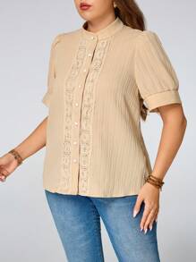 Elenzga 大码女式纯色立领荷叶边短袖休闲衬衫