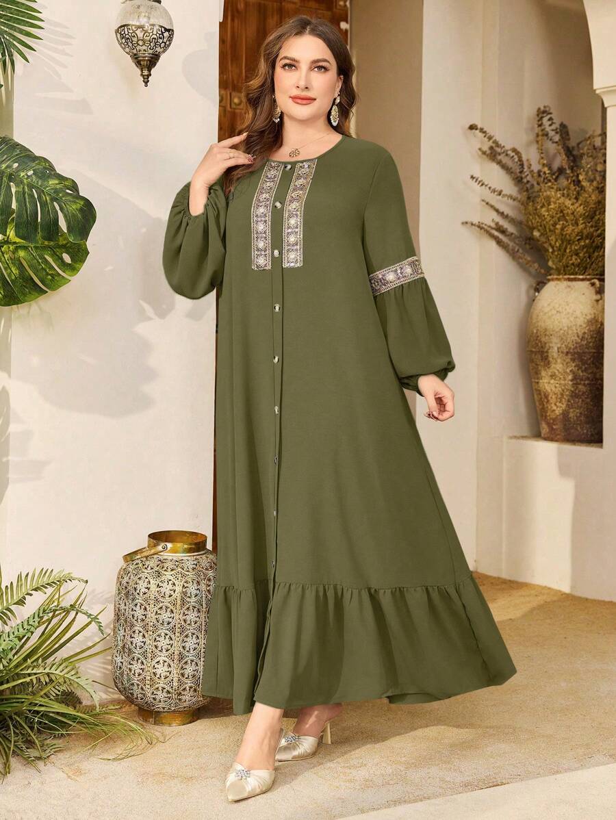 SHEIN Najma CURVE 女士宽松圆领荷叶边褶皱长裙，优雅 - 軍綠色 - 查看 1