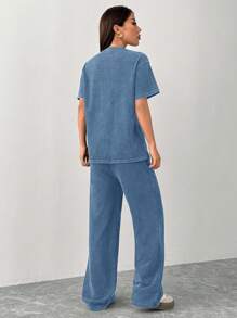 SHEIN PETITE Spring And Summer Home Casual Round Neck Short-Sleeved T-Shirt + Straight Trousers, Old Washed, Fried Snowflakes Loose Suit - Blue - View 2