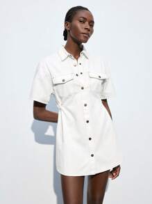 Maija 女士白色牛仔翻领衬衫裙 - 深色水洗藍 - 查看 8