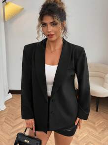 Vionelle Plus Size Women's Business Casual Solid Color Shawl Neck Long Sleeve Shoulder Pad Blazer, Formal Wear Graduation,Back To School,Teacher Outfits For Women Fall Cloth For Women Autumn