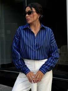 EURMUSE WOMAN BLUE AND WHITE LINED POPLIN BLOUSE - Navy Blue - View 1