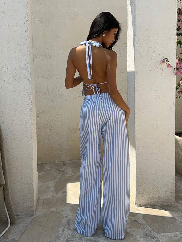 Aloruh 2pcs Women Striped Backless Halter Neck Top And Pants Set, Sexy Two Pieces Suit Beach Vacation Holiday Outfit