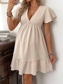 SHEIN Vestido de maternidad midi de verano con cuello en V y volantes en color albaricoque