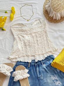 Sweetra Women Lace Trim Drawstring Crop Cami Top, Reversible Spaghetti Strap Design - Apricot - View 2